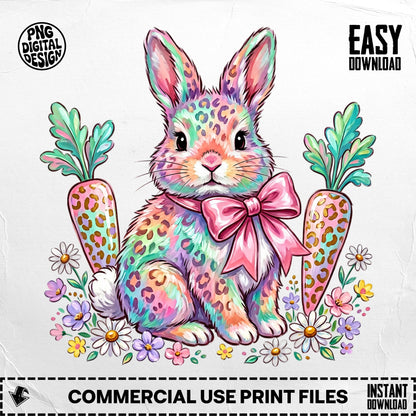 Colorful leopard print Easter bunny with carrots and flowers.
