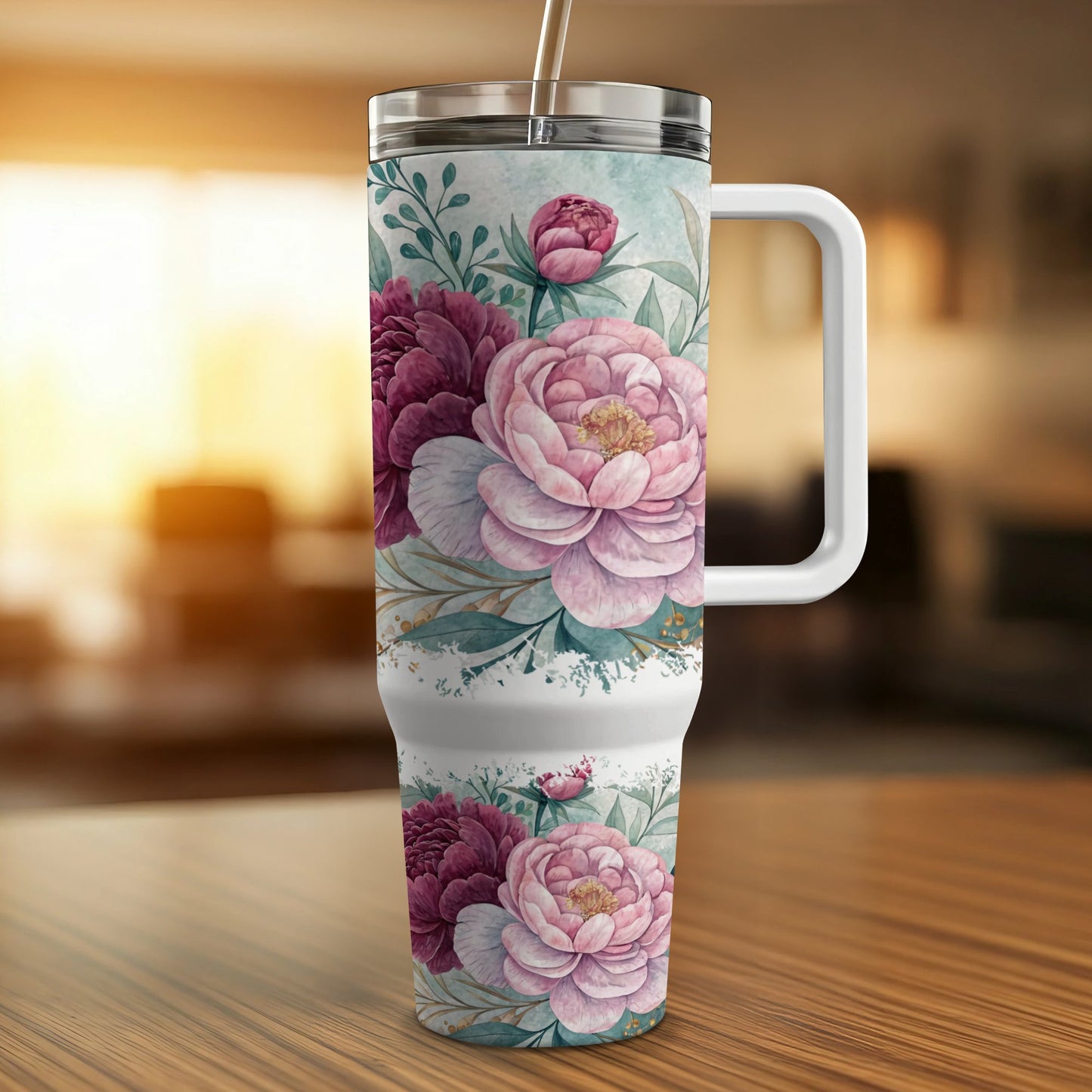 Floral patterned insulated tumbler with a handle and straw.