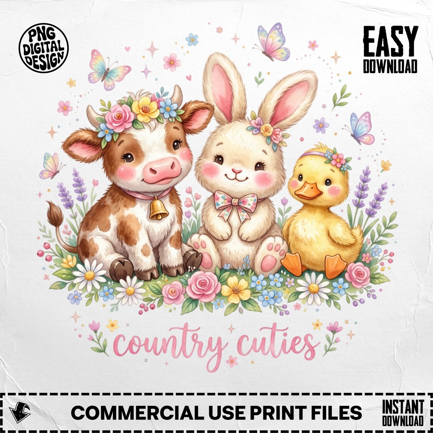 Cute cow, bunny, and duckling surrounded by flowers and butterflies.