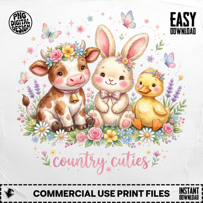 Cute cow, bunny, and duckling surrounded by flowers and butterflies.