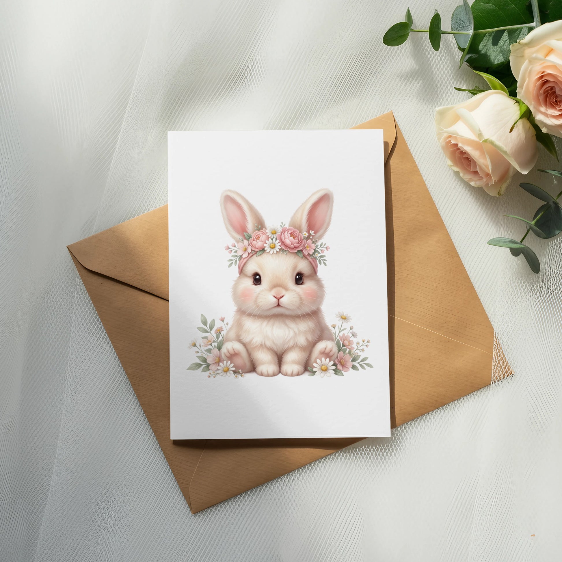 Fluffy white bunny wearing a floral crown on an envelope.