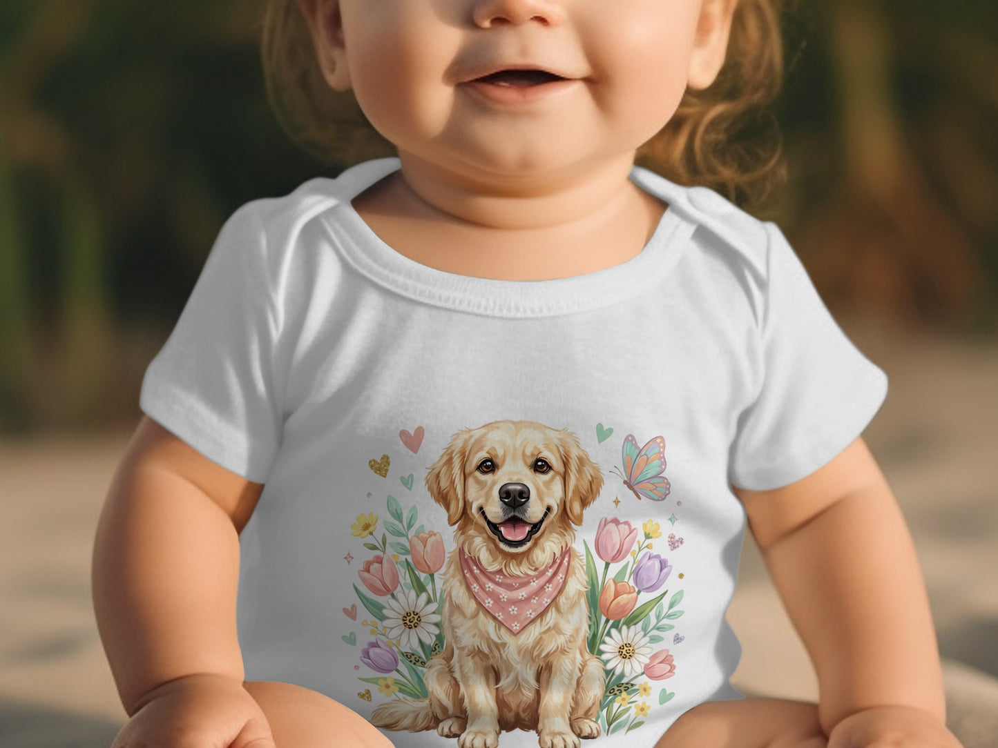 Golden retriever wearing a bandana on a white bodysuit with flowers and butterfly.