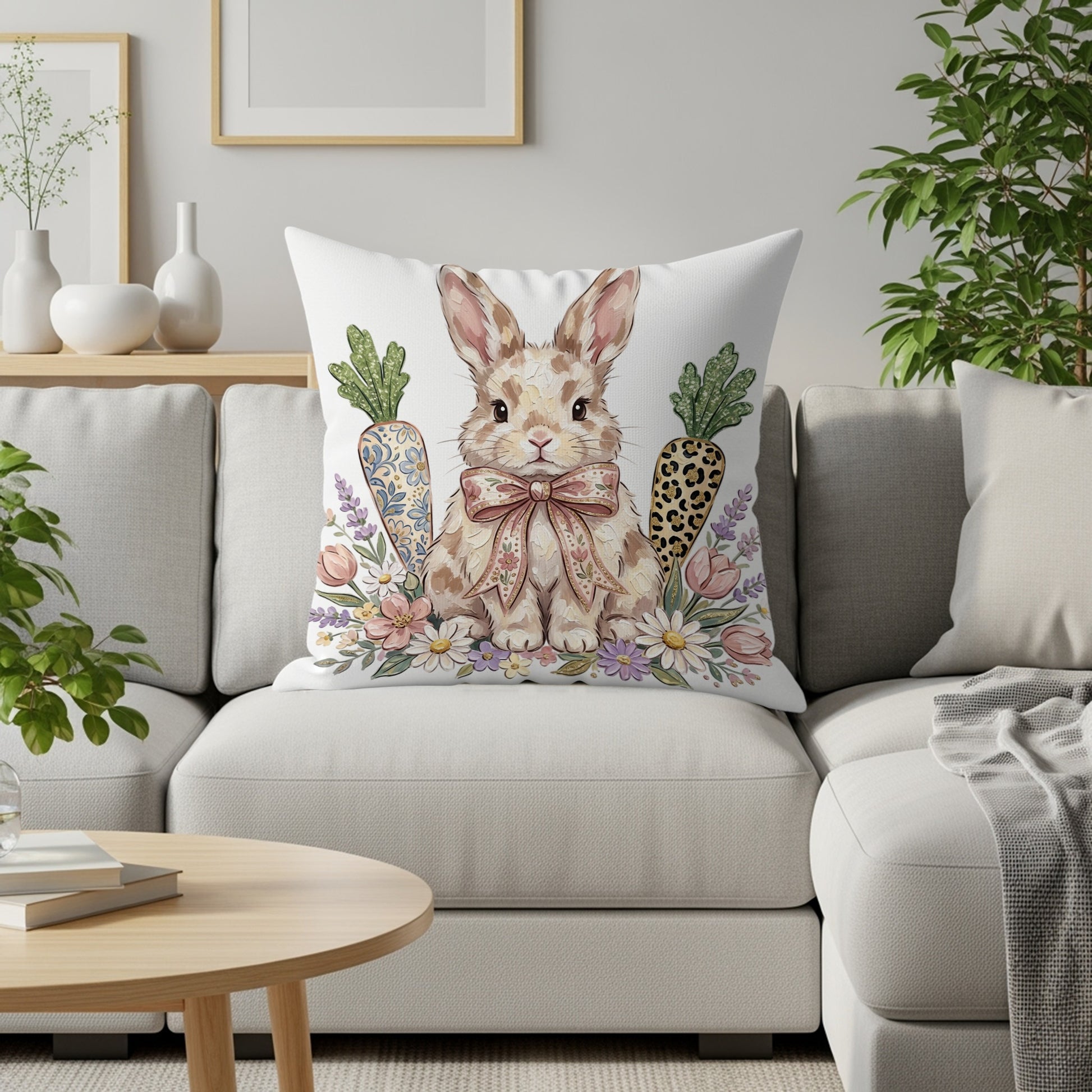 Bunny with carrots and flowers on a throw pillow.