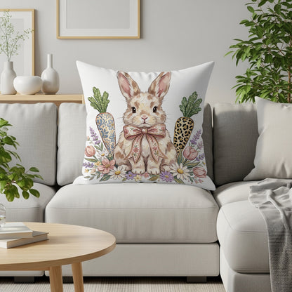Bunny with carrots and flowers on a throw pillow.