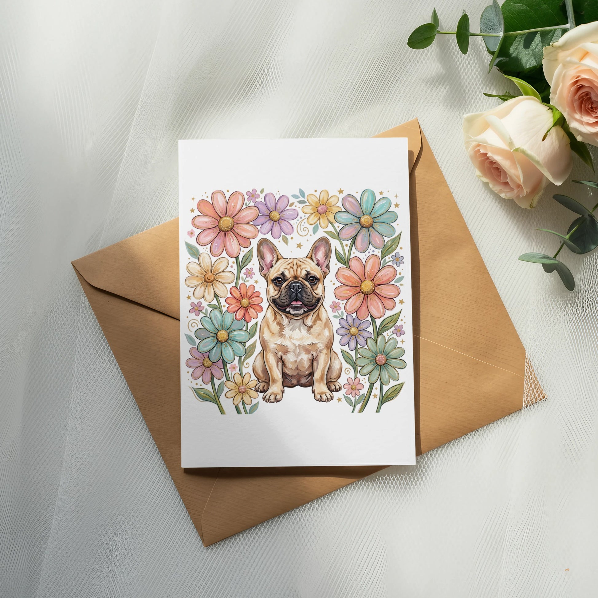 French bulldog sitting in front of a colorful floral border on a card.