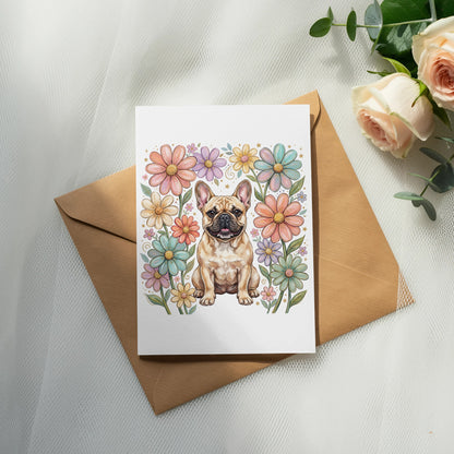 French bulldog sitting in front of a colorful floral border on a card.