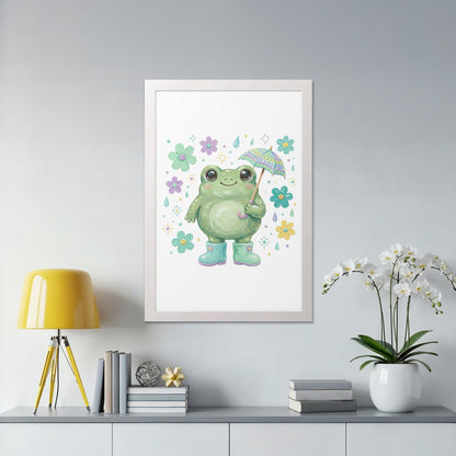 Cartoon frog with umbrella and boots in a framed print.