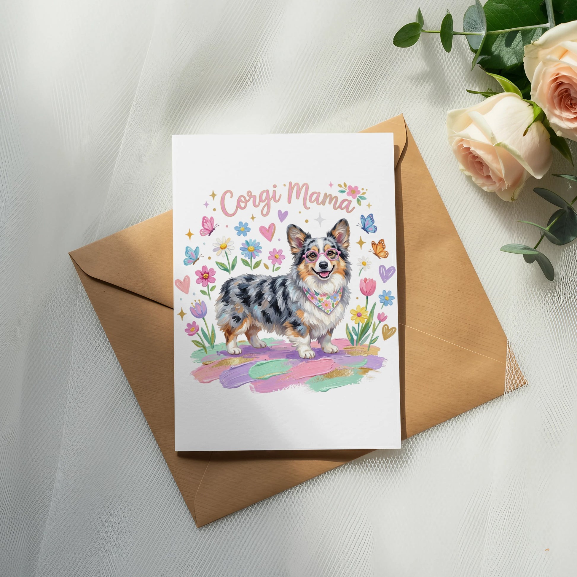 Card with a Corgi illustration and "Corgi Mama" text, surrounded by flowers.