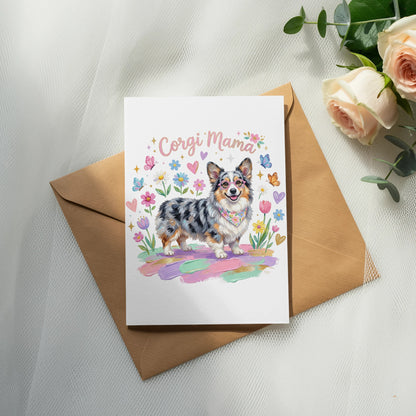 Card with a Corgi illustration and "Corgi Mama" text, surrounded by flowers.