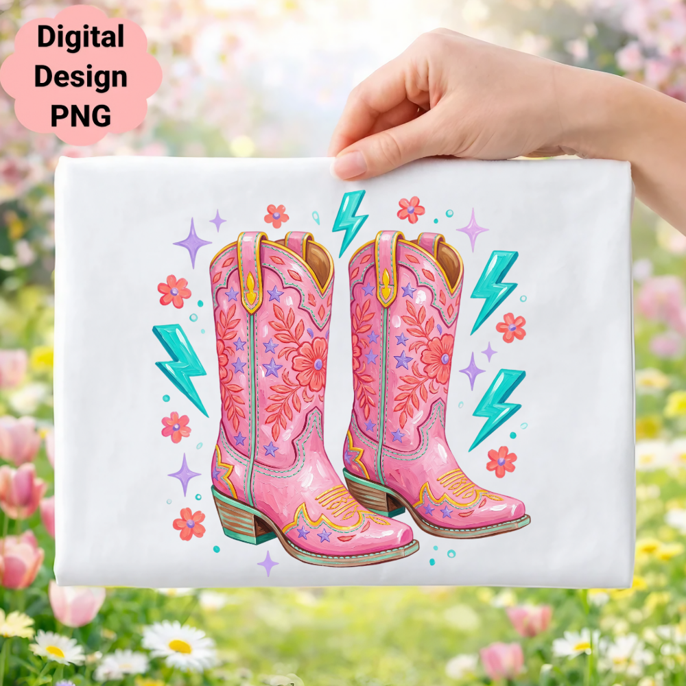 Pink cowboy boots with stars and lightning bolts.
