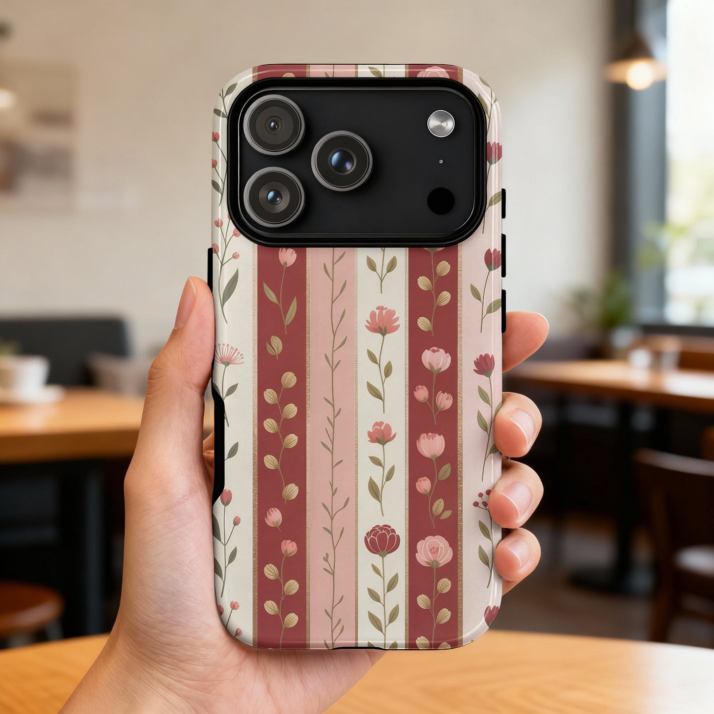 iPhone case with pink and white stripes and floral pattern.