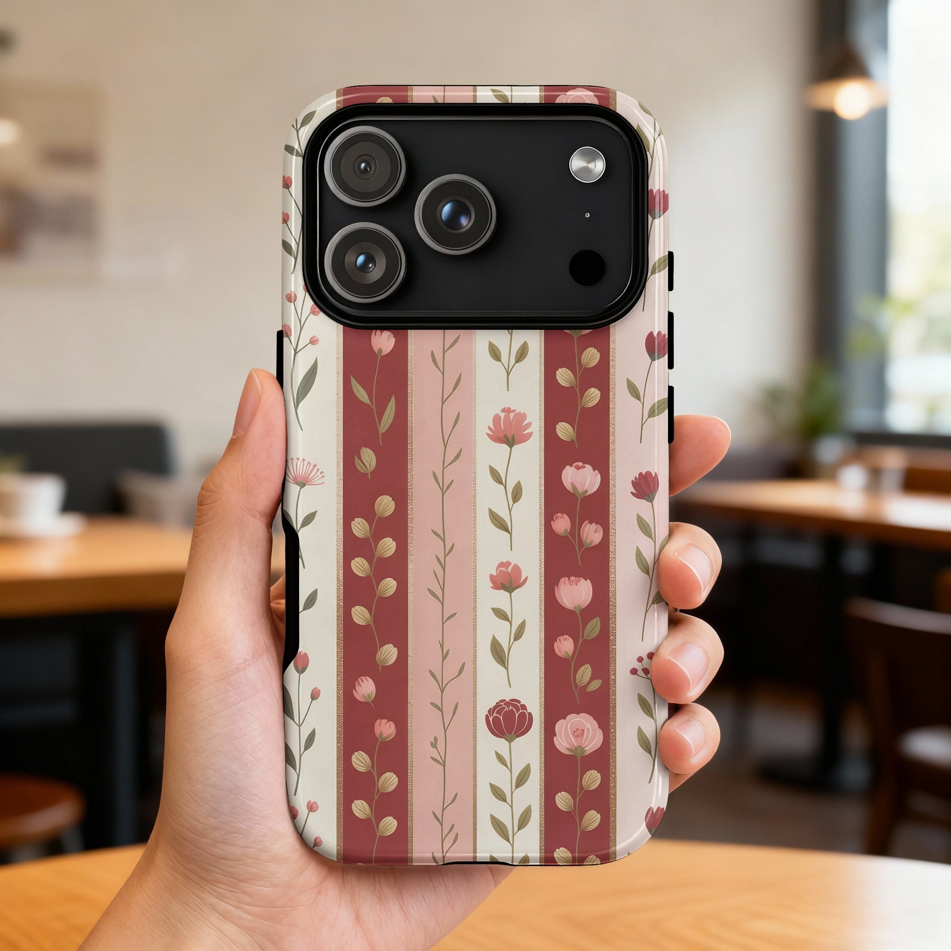 iPhone case with pink and white stripes and floral pattern.
