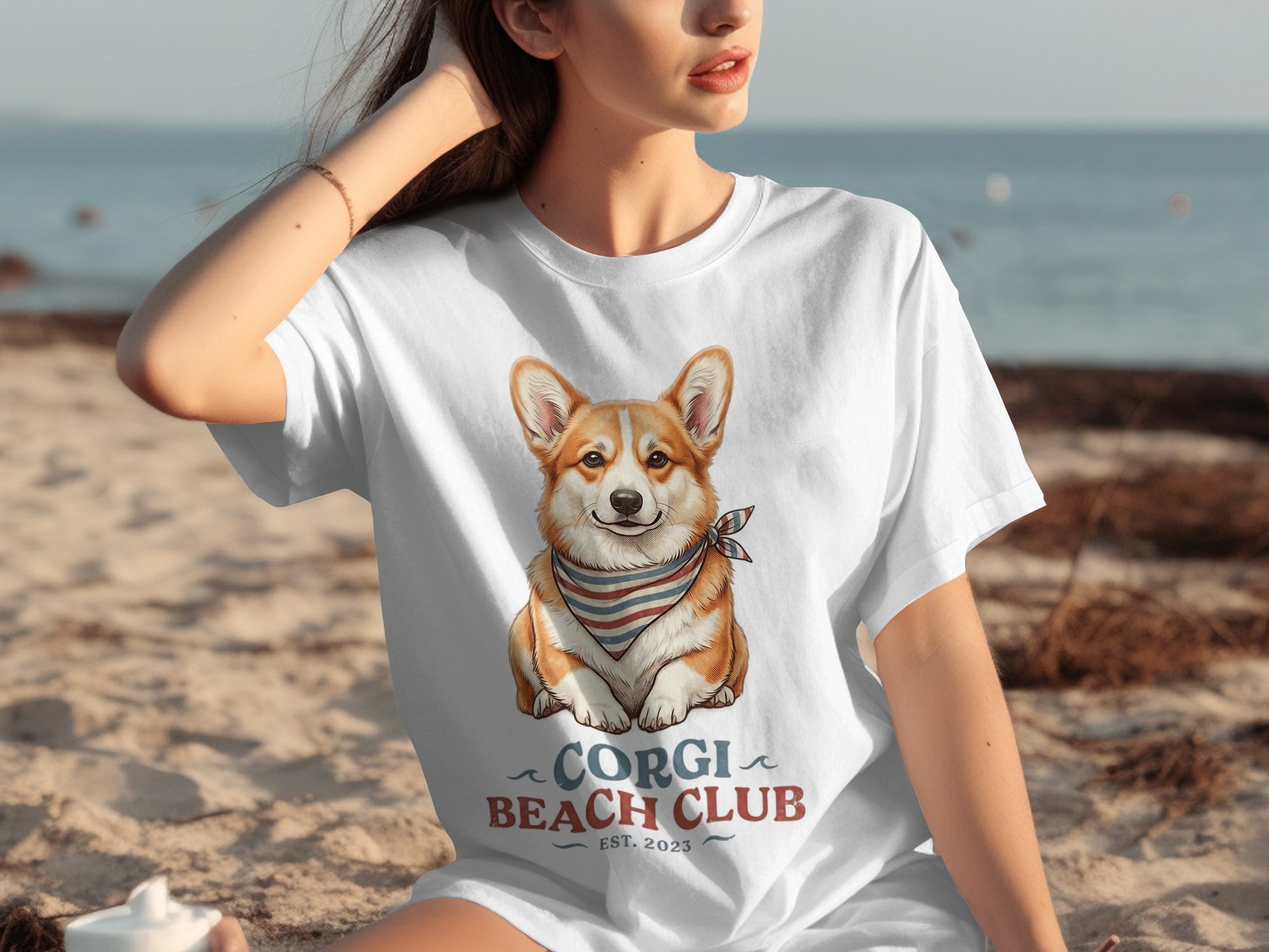 White t-shirt with a corgi wearing a bandana and "Corgi Beach Club" text.