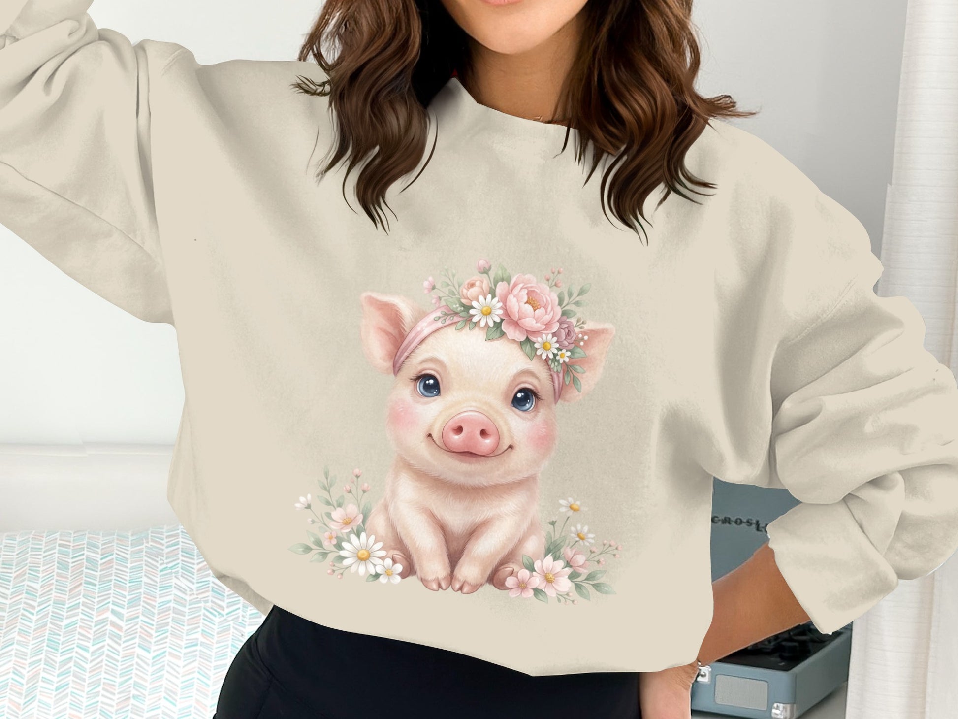 A cute pig wearing a flower crown sits among flowers.