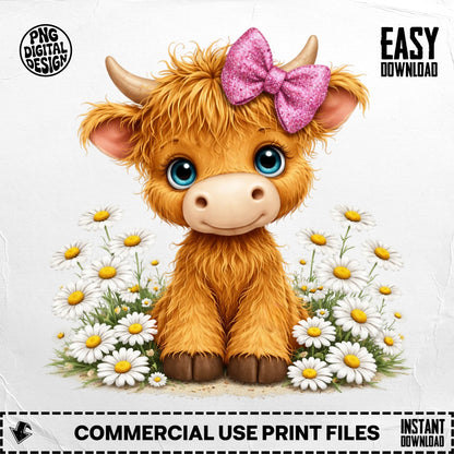 Fluffy highland cow with pink bow and daisies, "Easy Download" text.