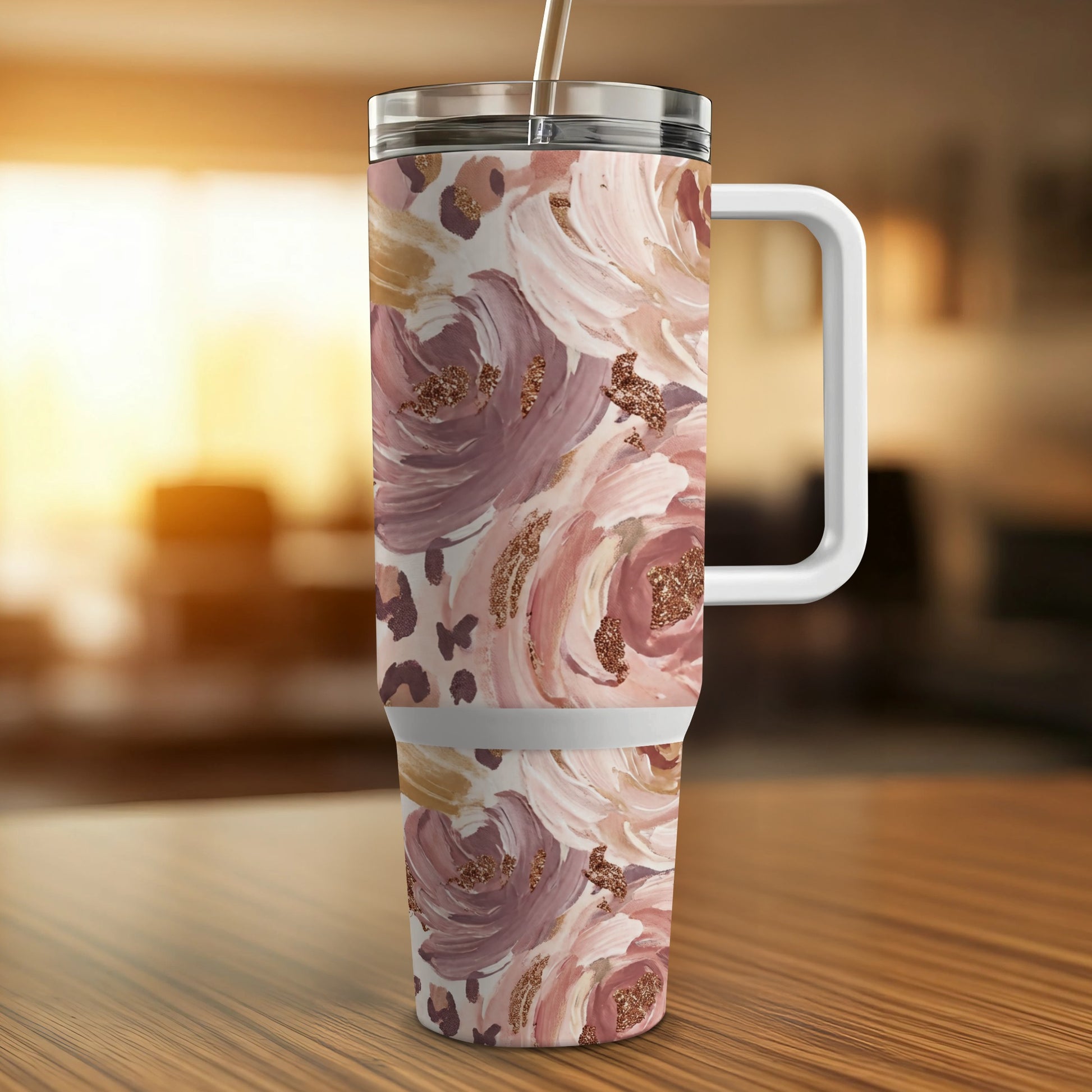 Floral and leopard print tumbler with straw and handle.