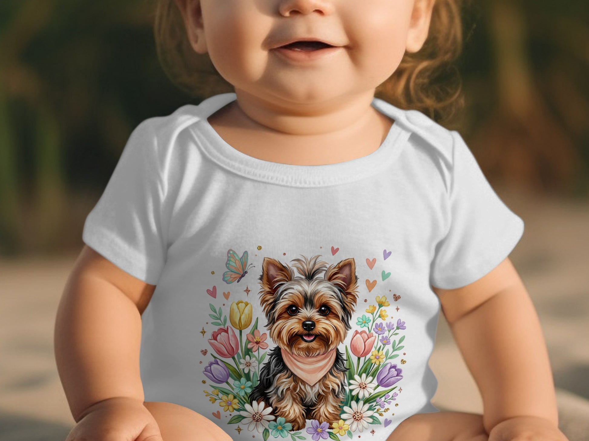 Yorkshire terrier on a white baby bodysuit with floral accents.