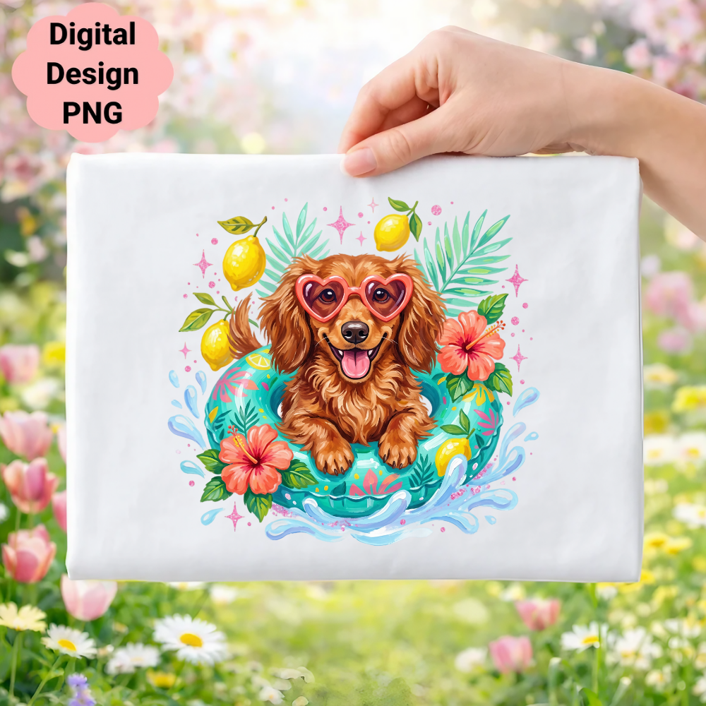 Dachshund in sunglasses and inner tube with lemons and tropical flowers.