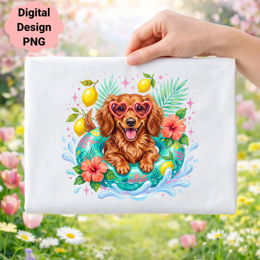 Dachshund in sunglasses and inner tube with lemons and tropical flowers.