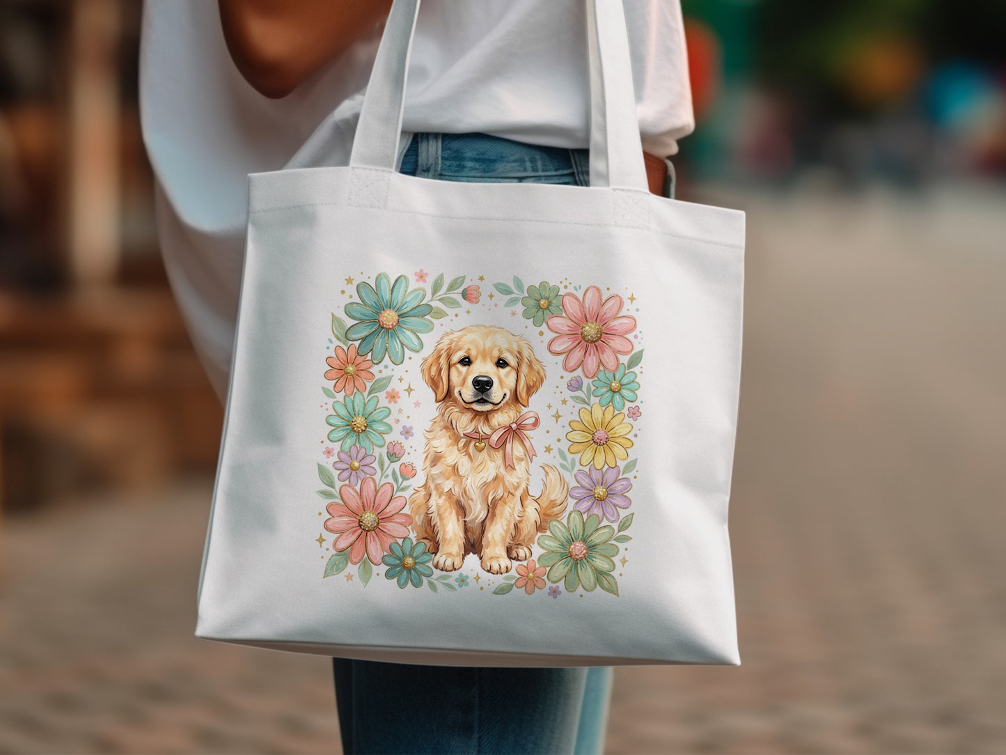 Golden retriever puppy surrounded by pastel flowers on a white tote bag.