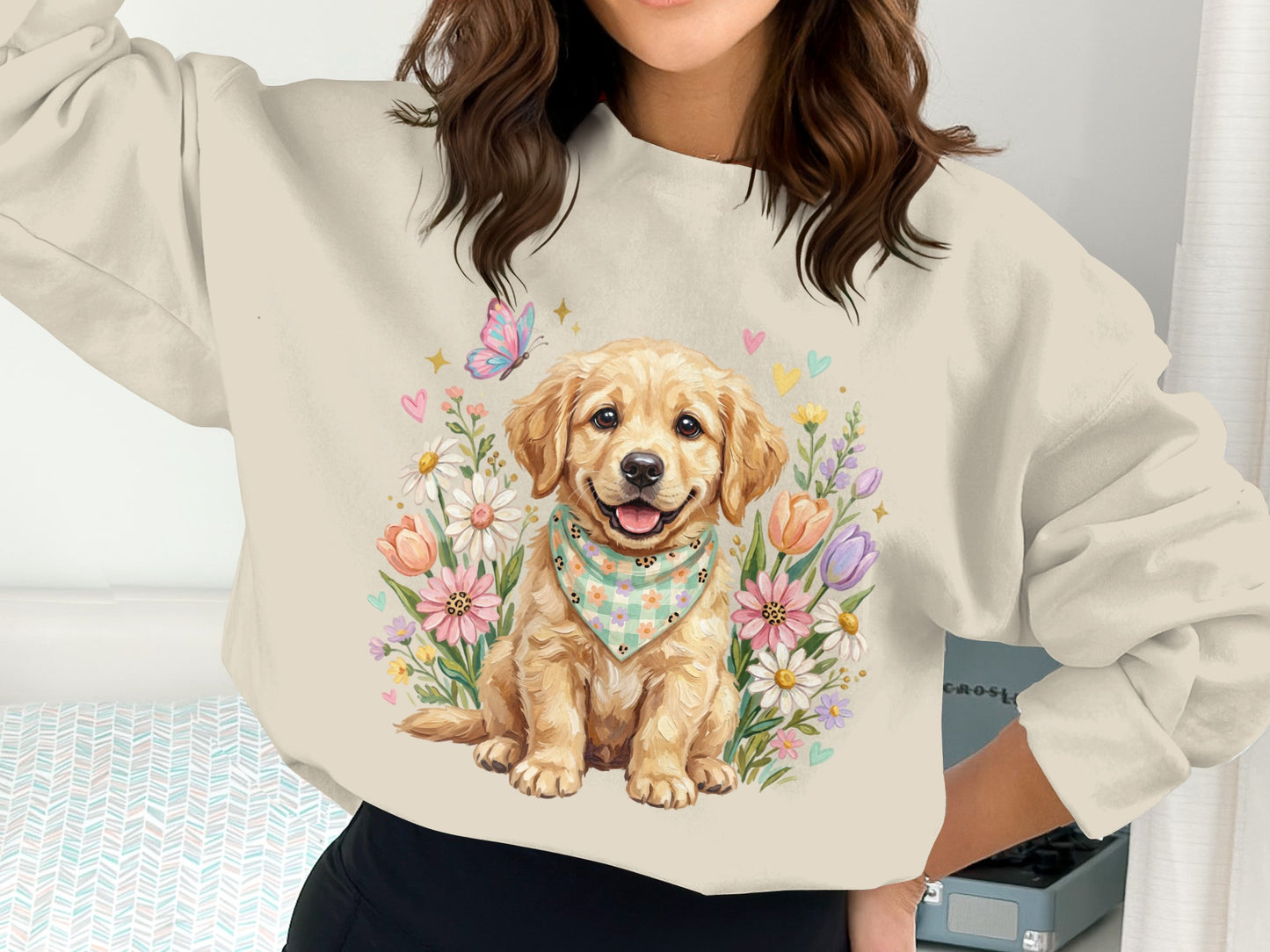 Golden retriever puppy wearing bandana surrounded by flowers and butterfly.