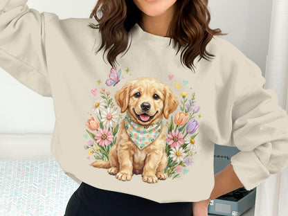 Golden retriever puppy wearing bandana surrounded by flowers and butterfly.