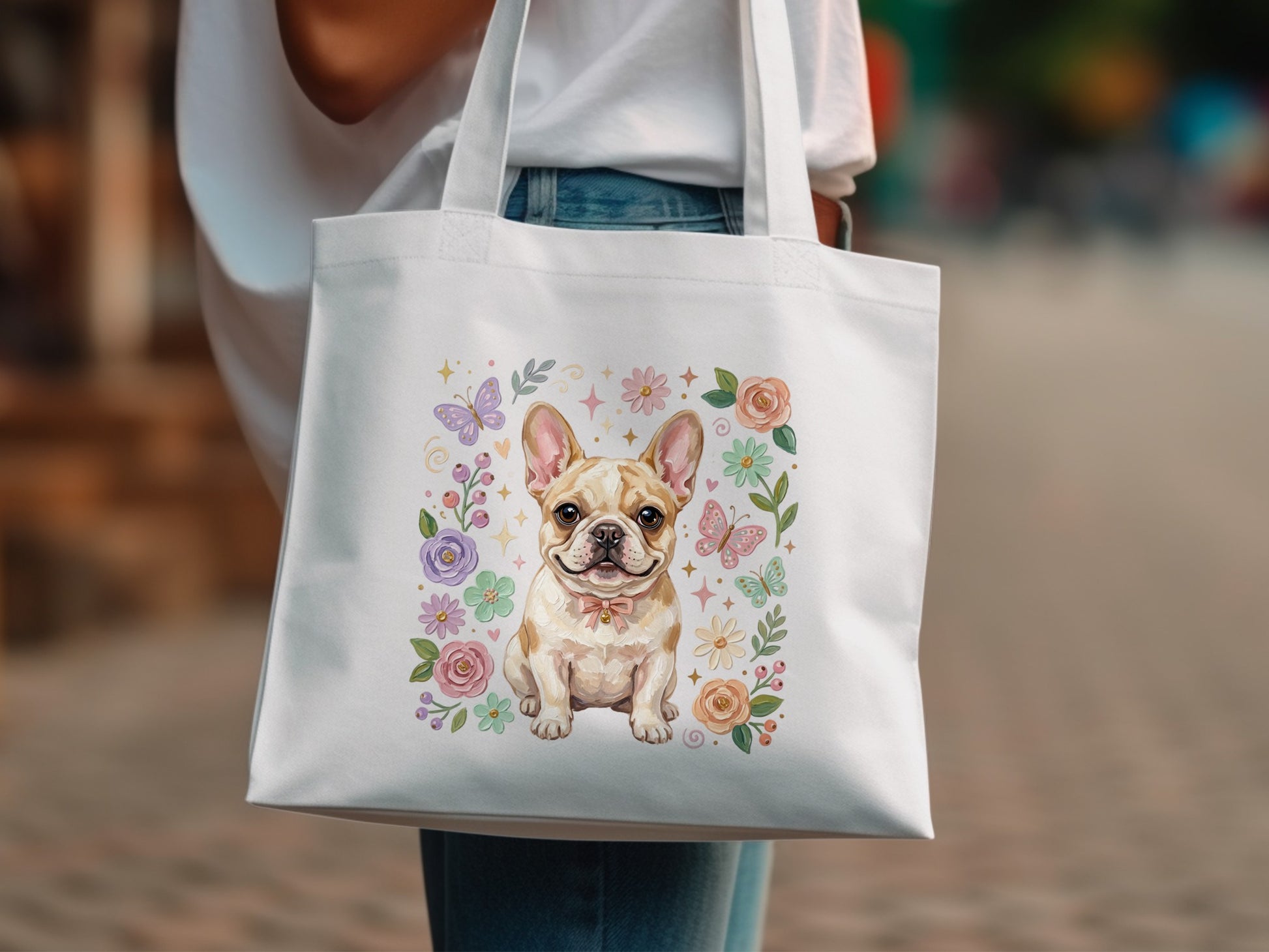 White tote bag with watercolor French bulldog, flowers, and butterflies.