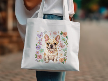 White tote bag with watercolor French bulldog, flowers, and butterflies.