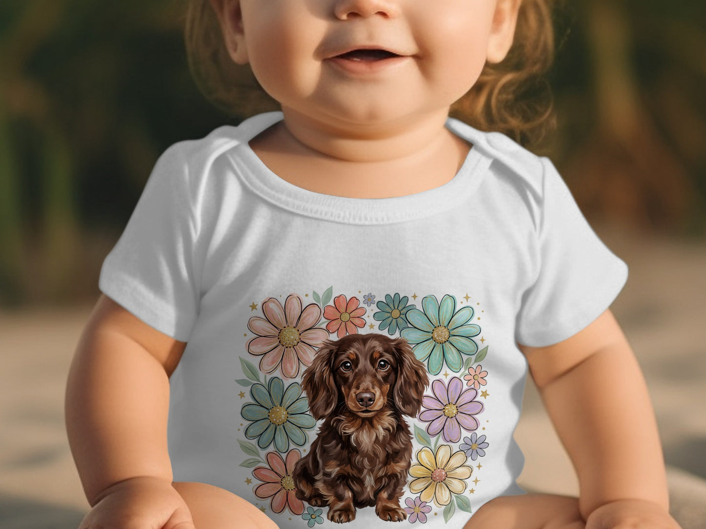 Baby wearing white bodysuit with a brown dachshund and floral graphic.