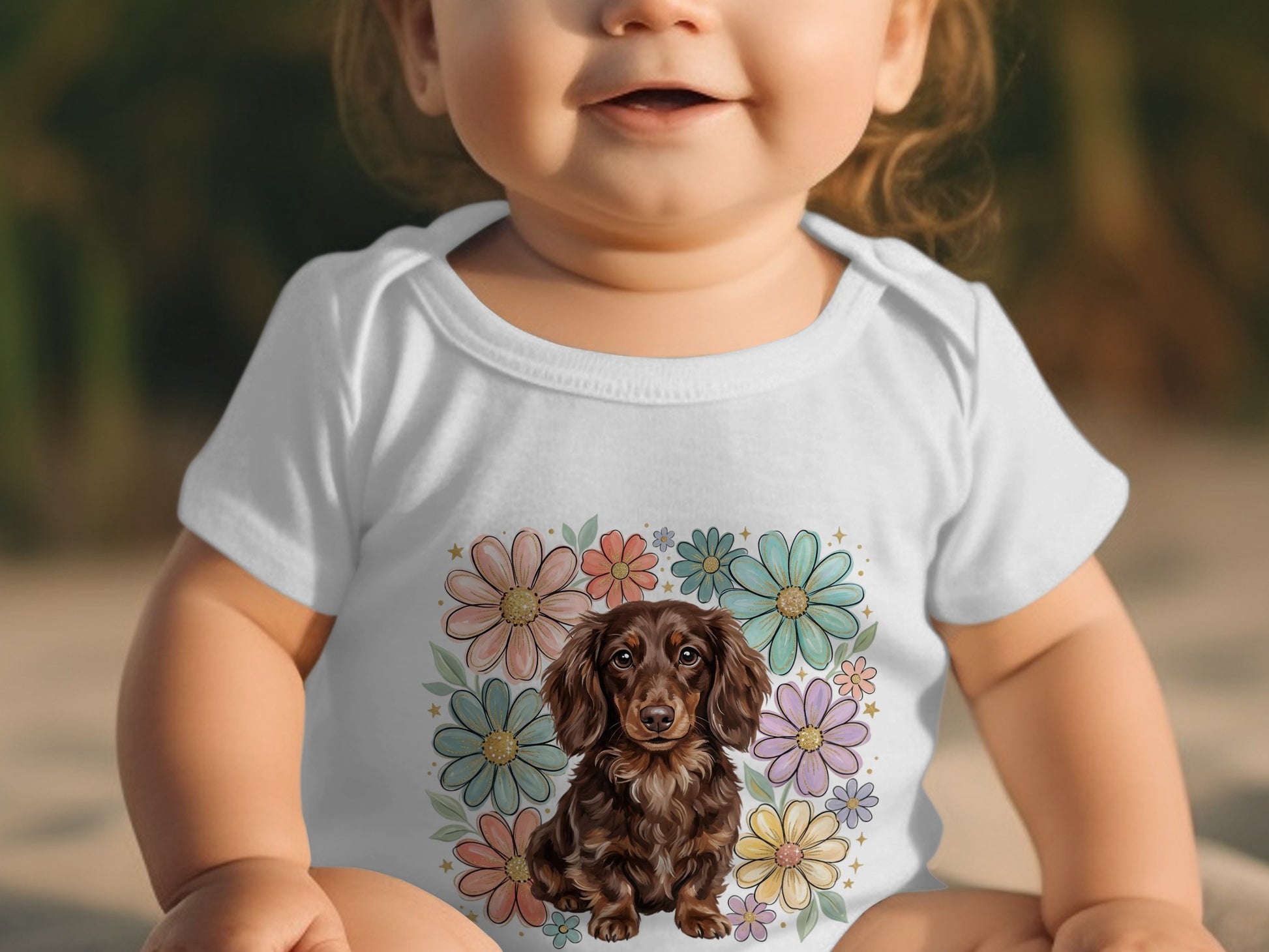 Baby wearing white bodysuit with a brown dachshund and floral graphic.