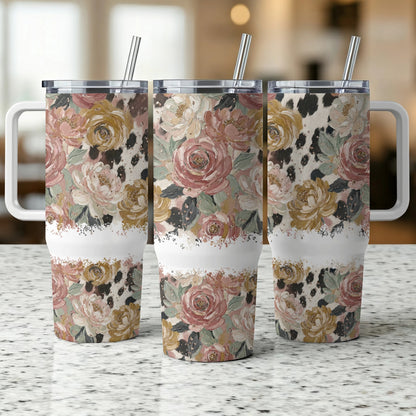 Three tumblers with floral and cow print patterns, shown side-by-side.