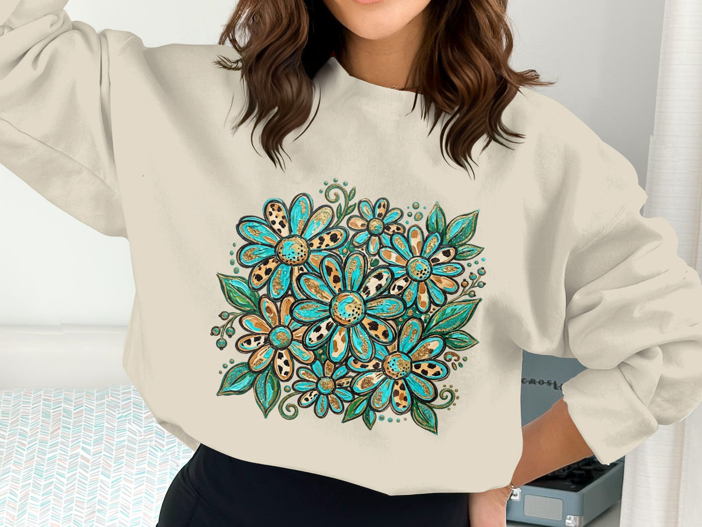 Crewneck sweatshirt with a turquoise and leopard print floral design.