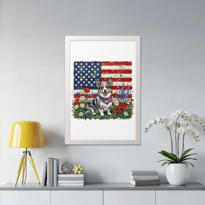 Framed artwork of a corgi sitting in grass with an American flag.