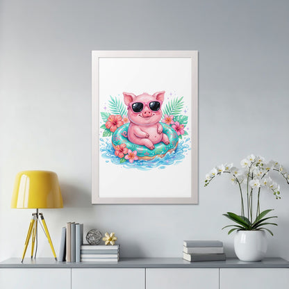 Cartoon pig with sunglasses on an inner tube with flowers and water.