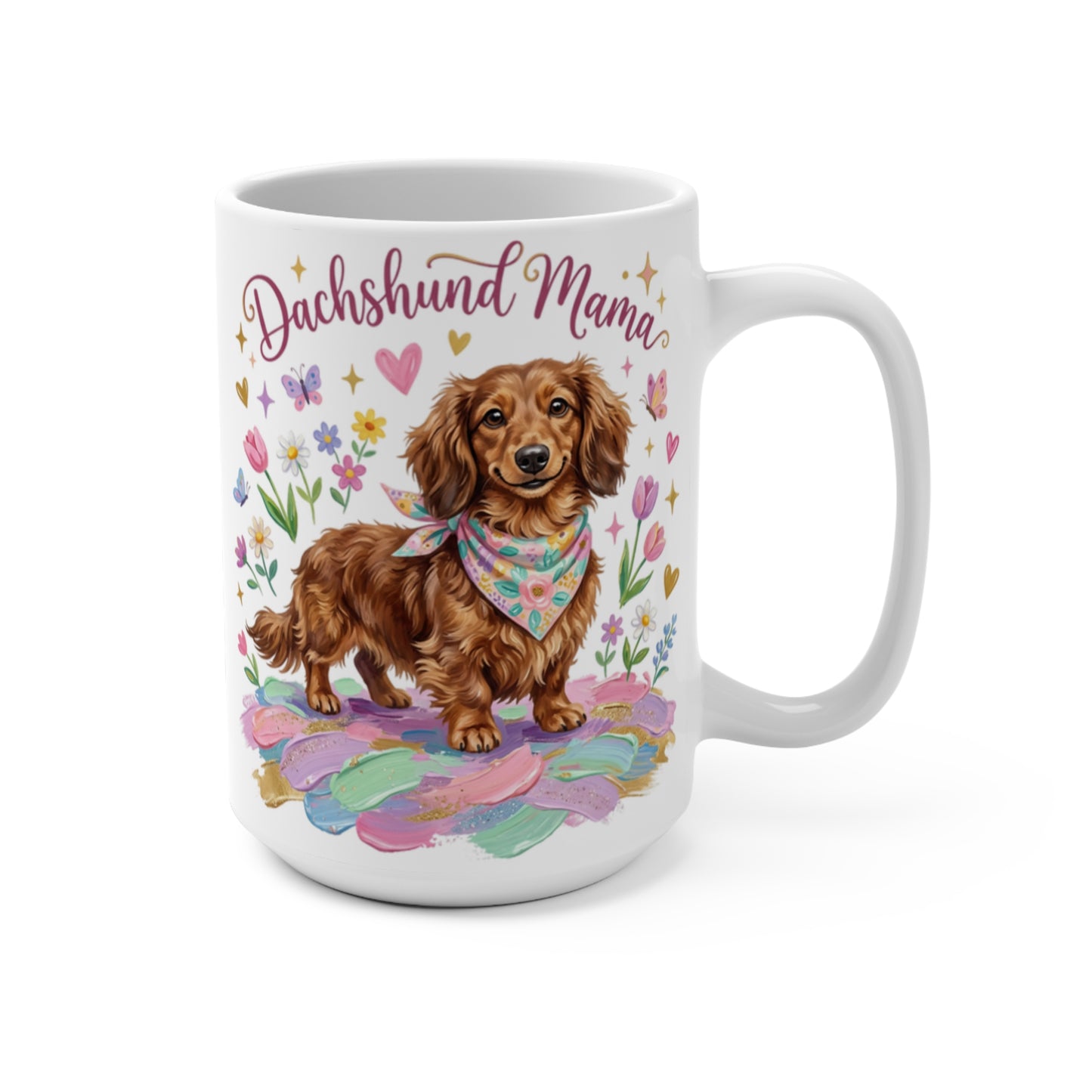 Dachshund Mama mug with dog, hearts, and colorful floral accents.