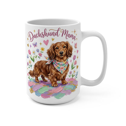 Dachshund Mama mug with dog, hearts, and colorful floral accents.
