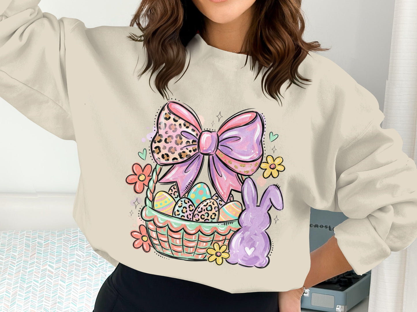 Easter basket with eggs, bunny, and flowers, featuring a leopard print bow.