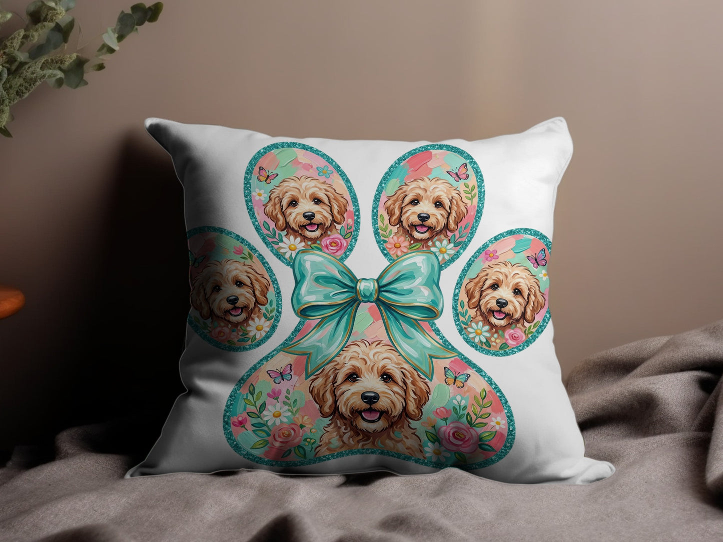 Paw print pillow with multiple golden doodle faces and a teal bow.
