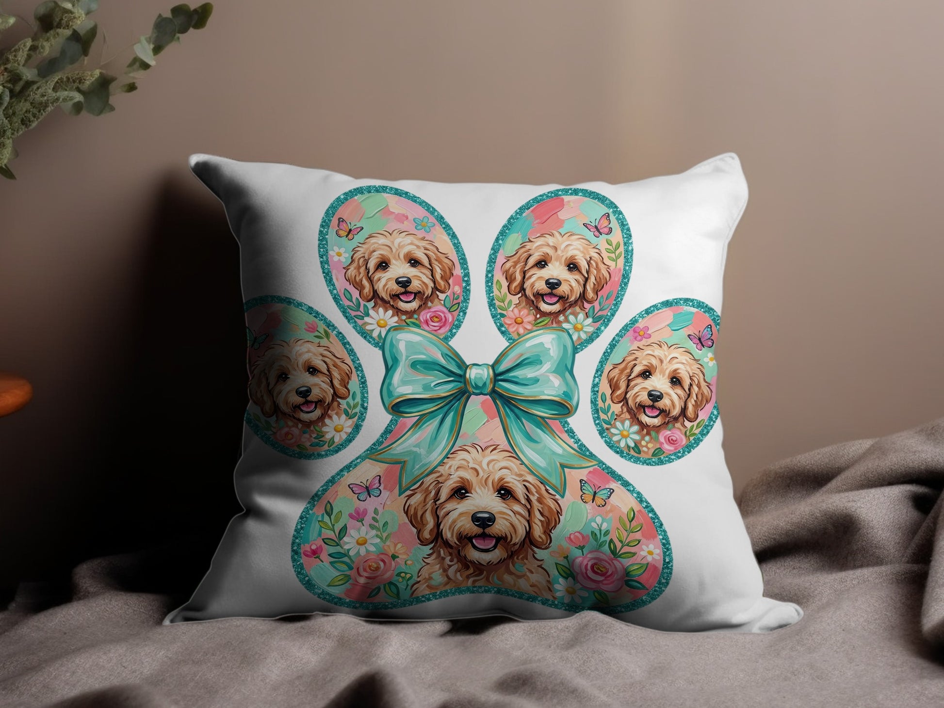 Paw print pillow with multiple golden doodle faces and a teal bow.