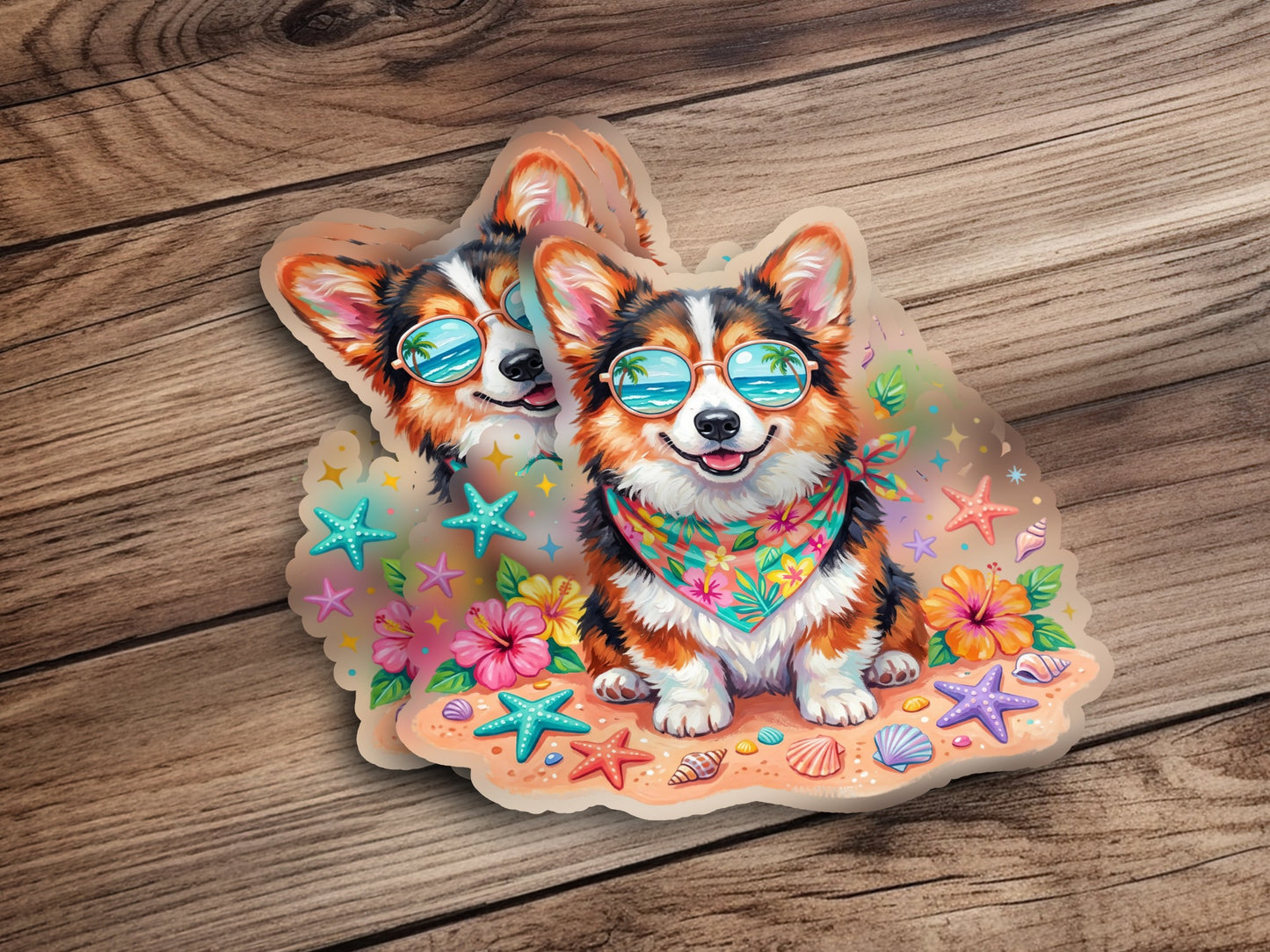 Two corgis wearing sunglasses and bandanas sit on a sandy beach.