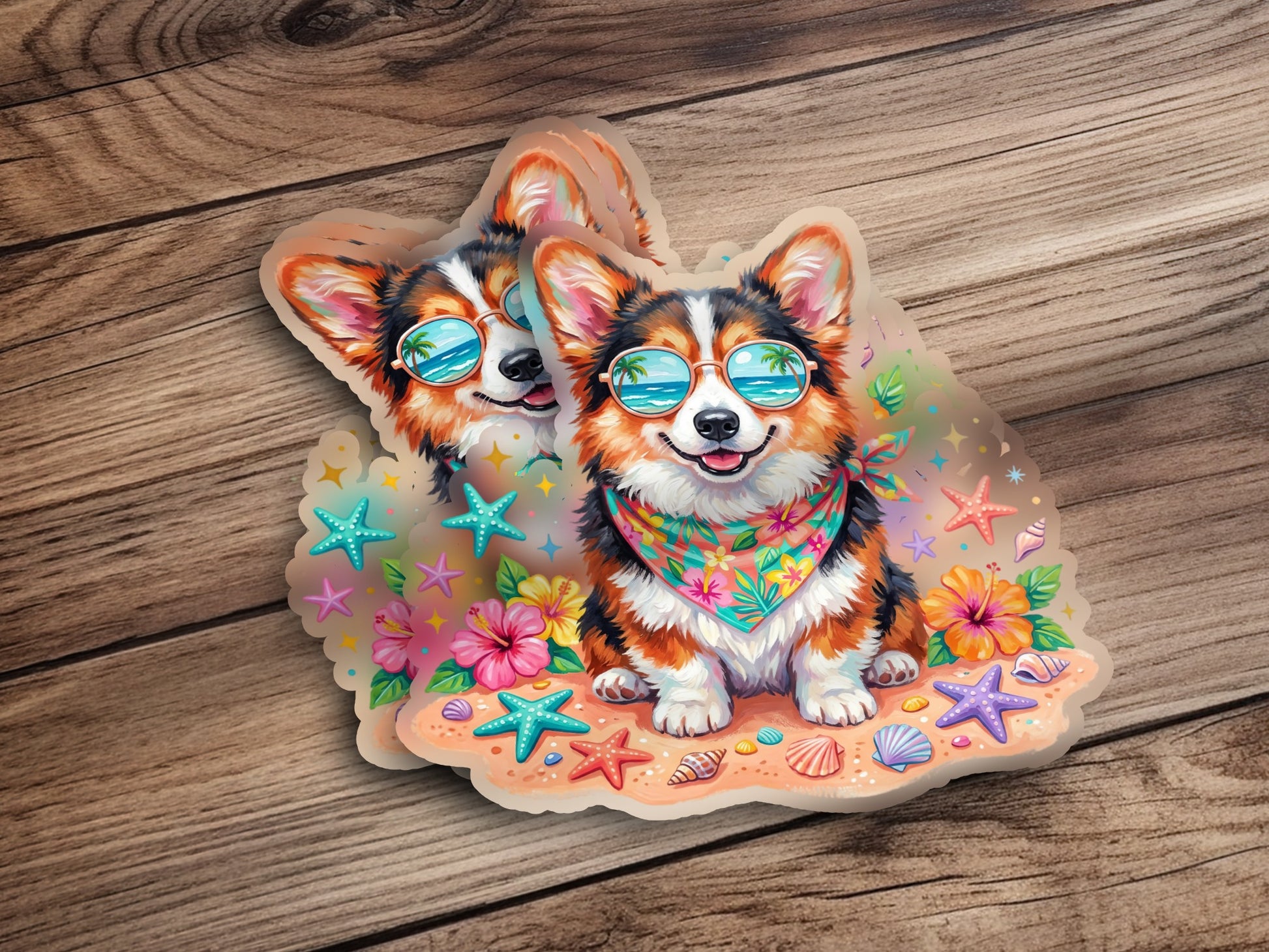 Two corgis wearing sunglasses and bandanas sit on a sandy beach.