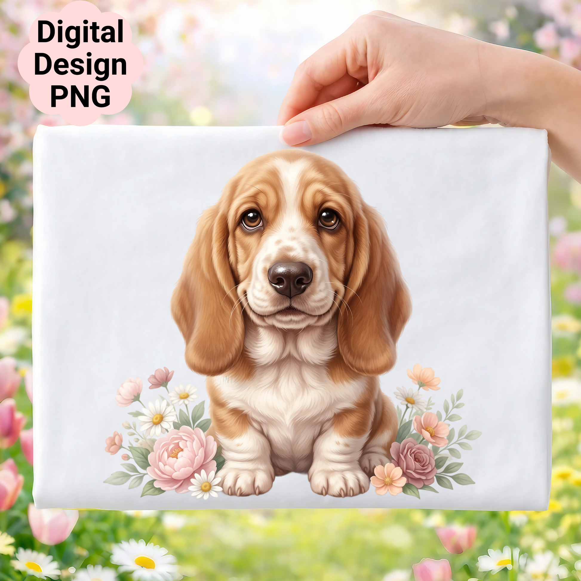 Basset Hound puppy surrounded by pink flowers and greenery.