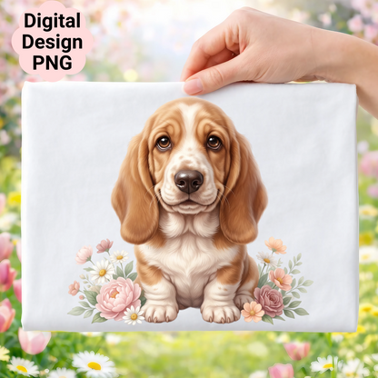 Basset Hound puppy surrounded by pink flowers and greenery.