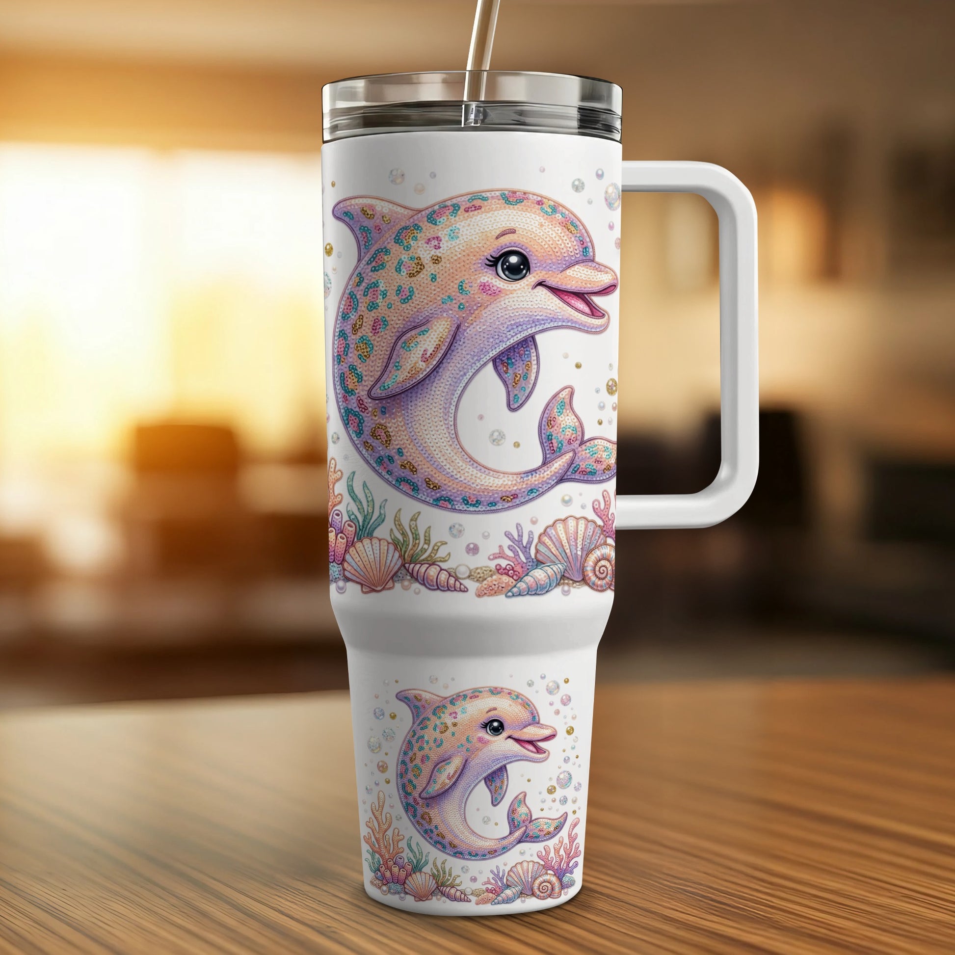 White tumbler with colorful mosaic dolphin and seashells design.