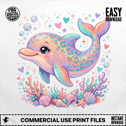 Pink and teal patterned dolphin with coral and seashells, easy download.