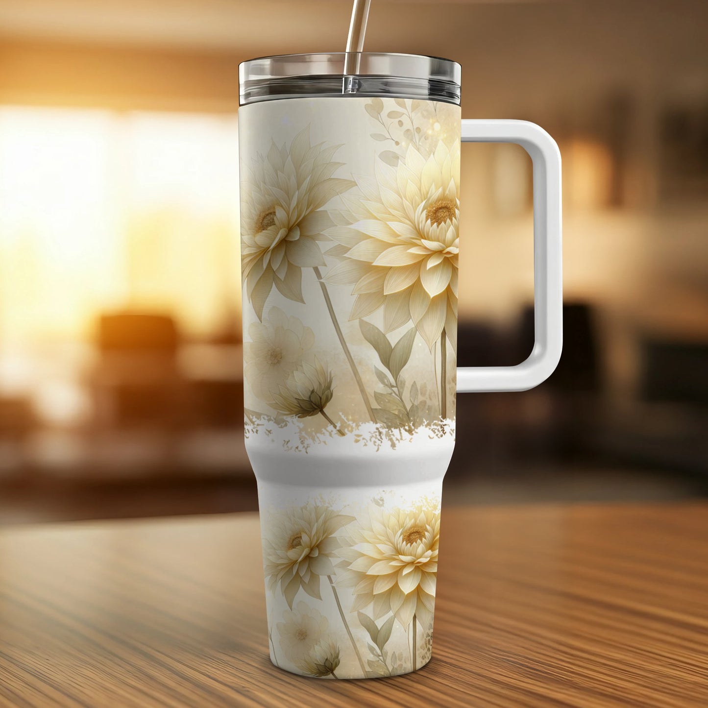 White tumbler with cream dahlias and floral accents.