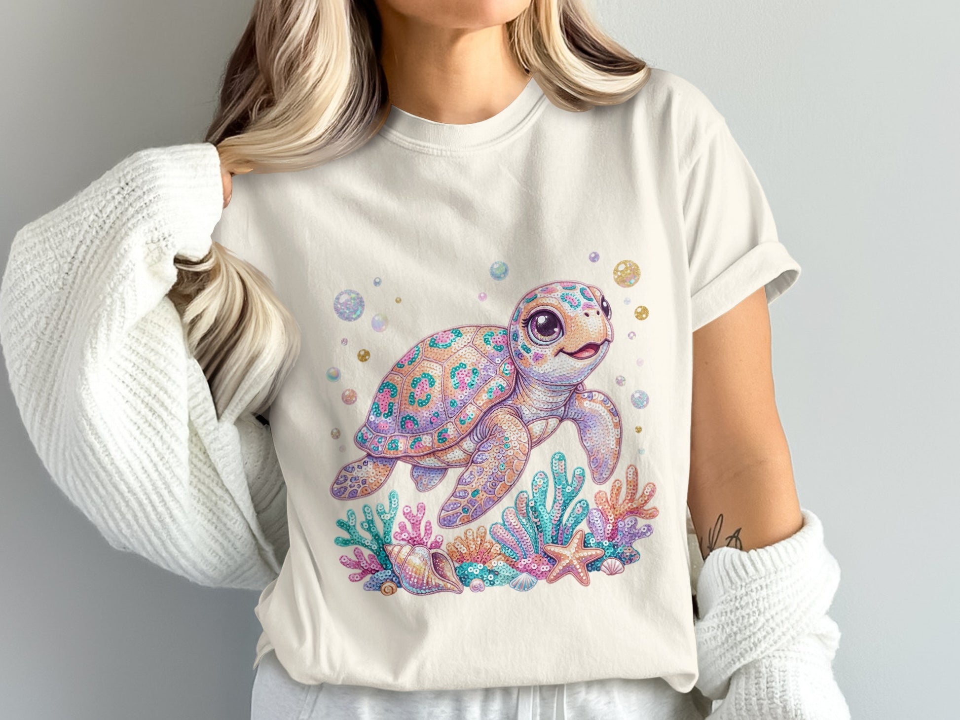 Cartoon sea turtle with colorful shell and underwater coral, shells, and starfish.