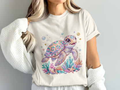 Cartoon sea turtle with colorful shell and underwater coral, shells, and starfish.