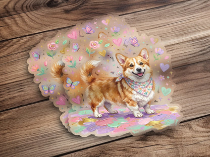 Happy corgi wearing a bandana surrounded by pastel hearts and butterflies.