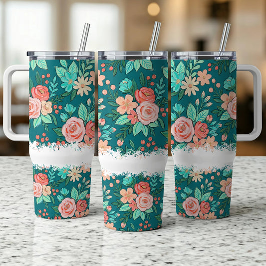 Three tumblers with a floral pattern and white band.